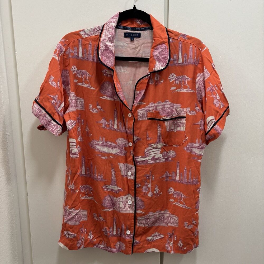 Katie Kime Sz Medium New York City Toile Pajama Top Orange Piping Preppy